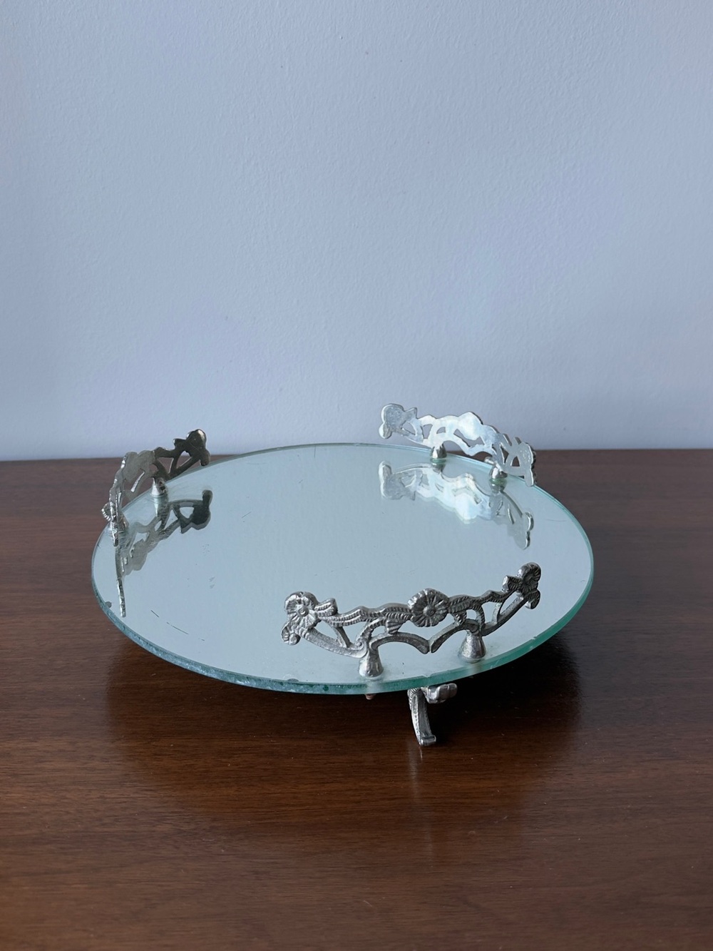 Mirror Vanity Tray, Silver Crown Railings Sits on three Ornate Feet. 1960s